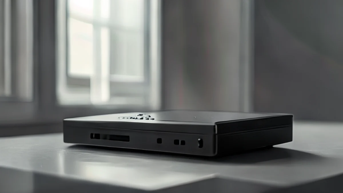 Zentrierte Router-Framen, schwarz, kastenförmig, Metallkante, graue Tisch, weiche Beleuchtung, flache Schärfe, photo-realistisch, hohe Details