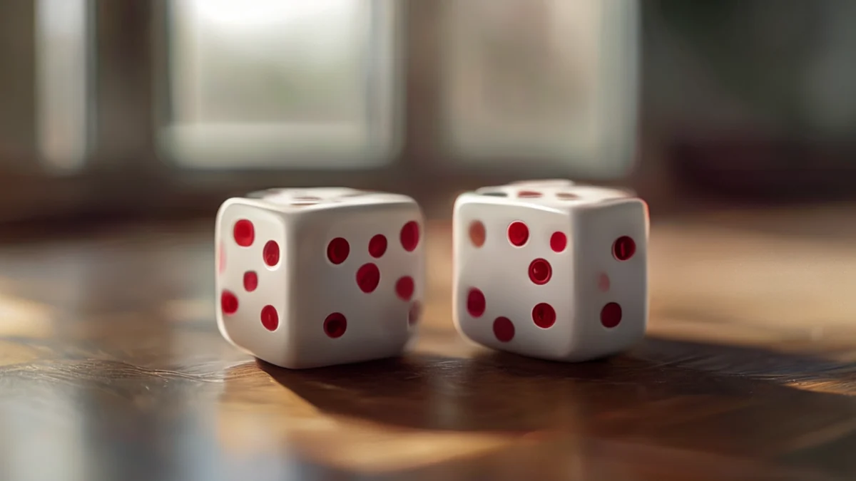 Gaming Dice, two solid white cubes with red pips and numbered sides, centered on a wooden table under soft window light, shallow depth of field, photorealistic, sharp focus, high detail