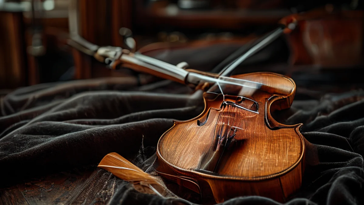 A violin with a horsehair bow, showing the wooden body and strings.