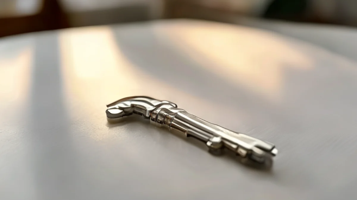 Silver dog rib key on white table, zigzag shape, smooth surface, warm light, shallow focus, photorealistic detail