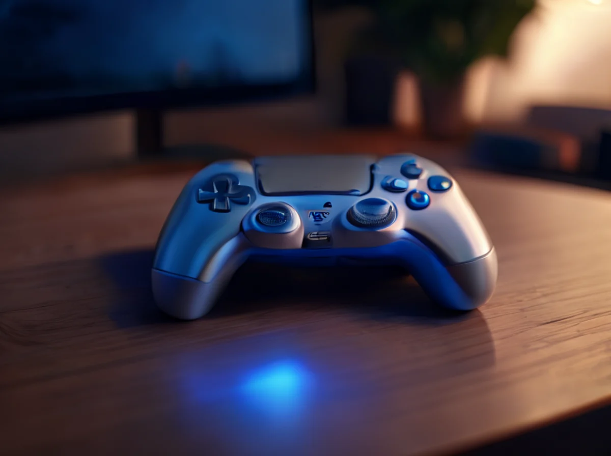 Un controlador de juego está en la mesa, con una luz LED azul y un puerto de carga.
