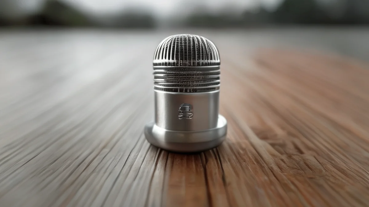 Cilindro d'argento, microfono per telefono, lucido, su una mensola in legno semplice, sotto luce nuvola, campo di profondità sottile, realismo fotografico, focus acuto, dettagli elevati