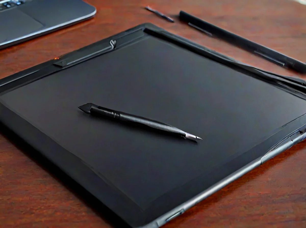 Un pennino nero è posato su una tablet grafica digitale su un tavolo.