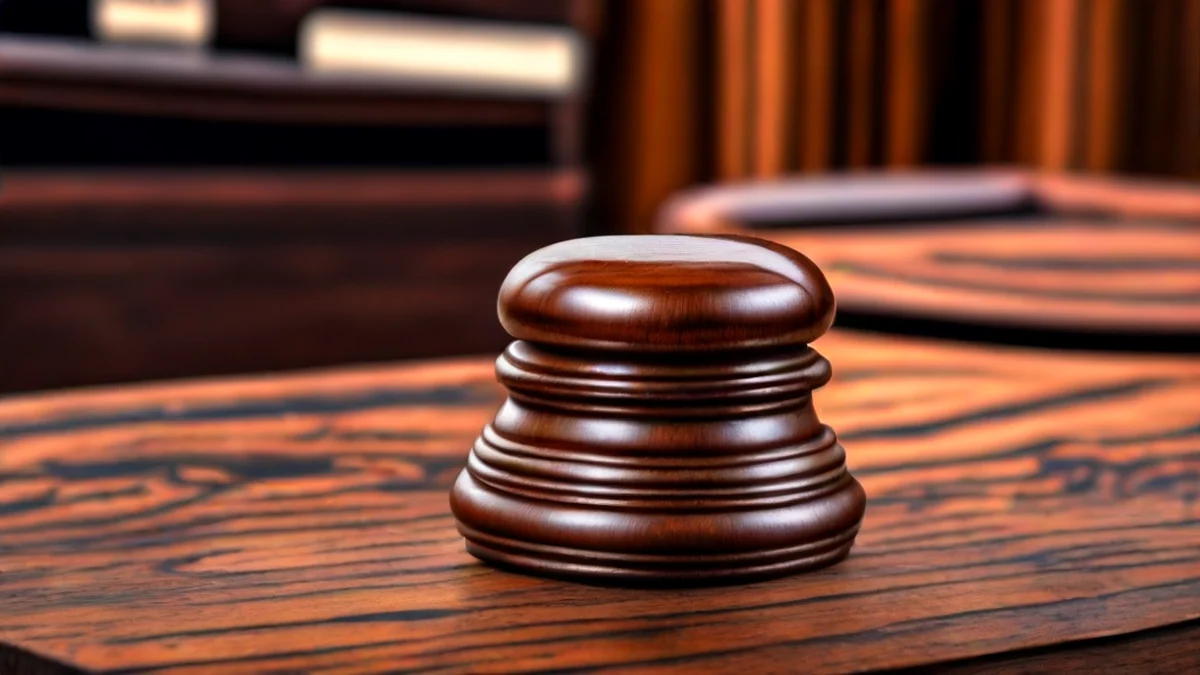 Een gavel ligt op een houten rechterzaalbord.