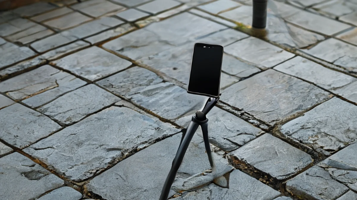 Smartphone fixado a um tripé em uma acera externa