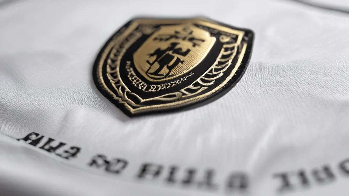 Cresto de clube preto e dourado com uma estrela vermelha e fundo branco.