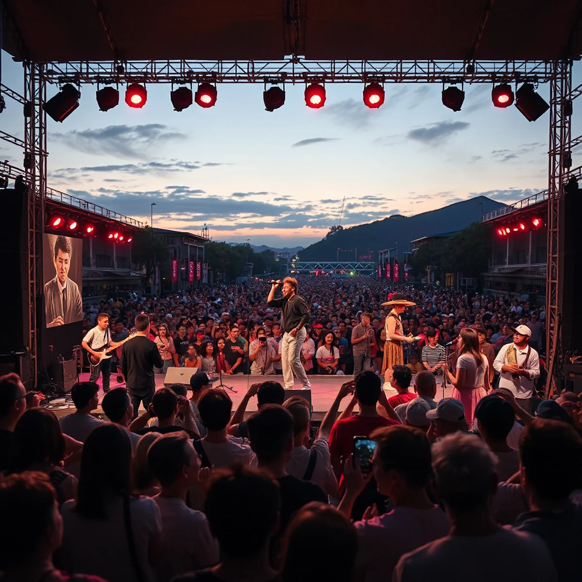Panoramablick auf ein Live-Festival, bei dem verschiedene Genres der koreanischen Musik miteinander verschmelzen. Auf der Bühne beherrschen eine Indie-Band, ein Hip-Hop-Künstler, ein Trotsch-Sänger und ein R&B-Sänger jeweils die Bühne, während eine vielfältige Menge im weiten Blickwinkel mit leichtem Winkel von unten begeistert tanzt und die Musik genießt.