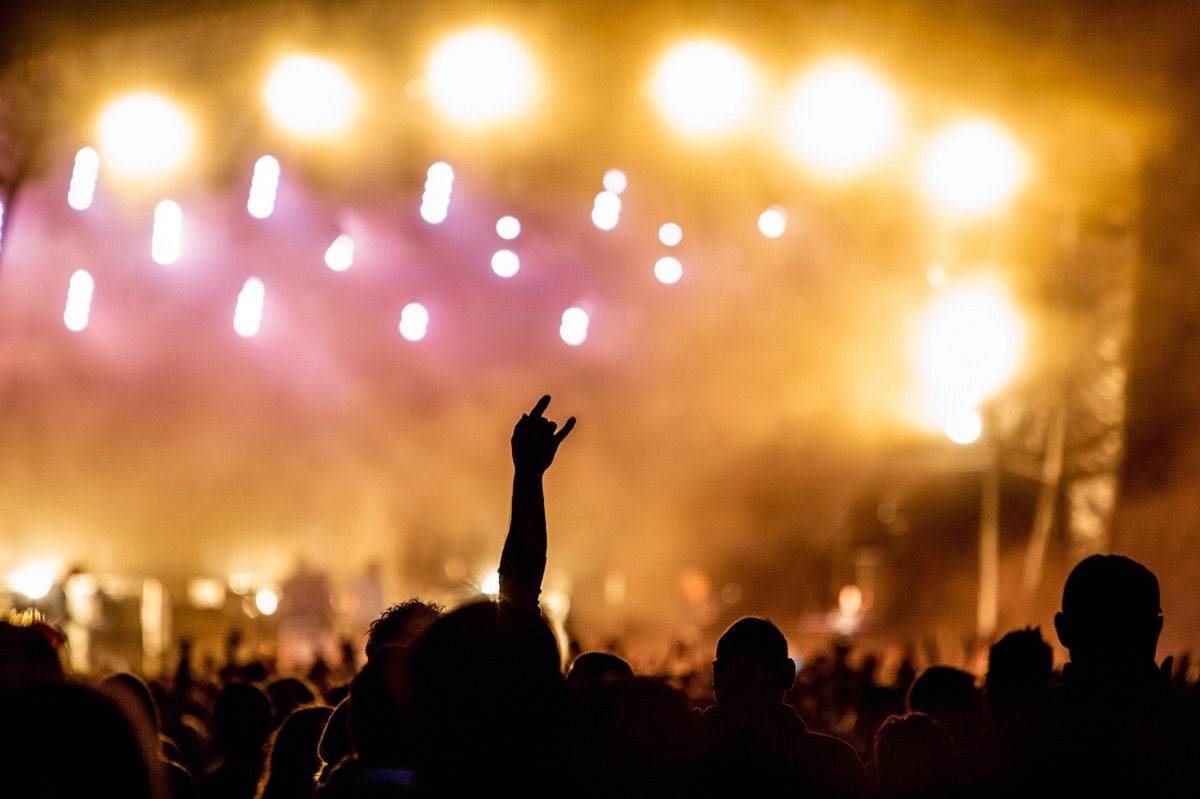 Silueta de multitud en un concierto con luces brillantes