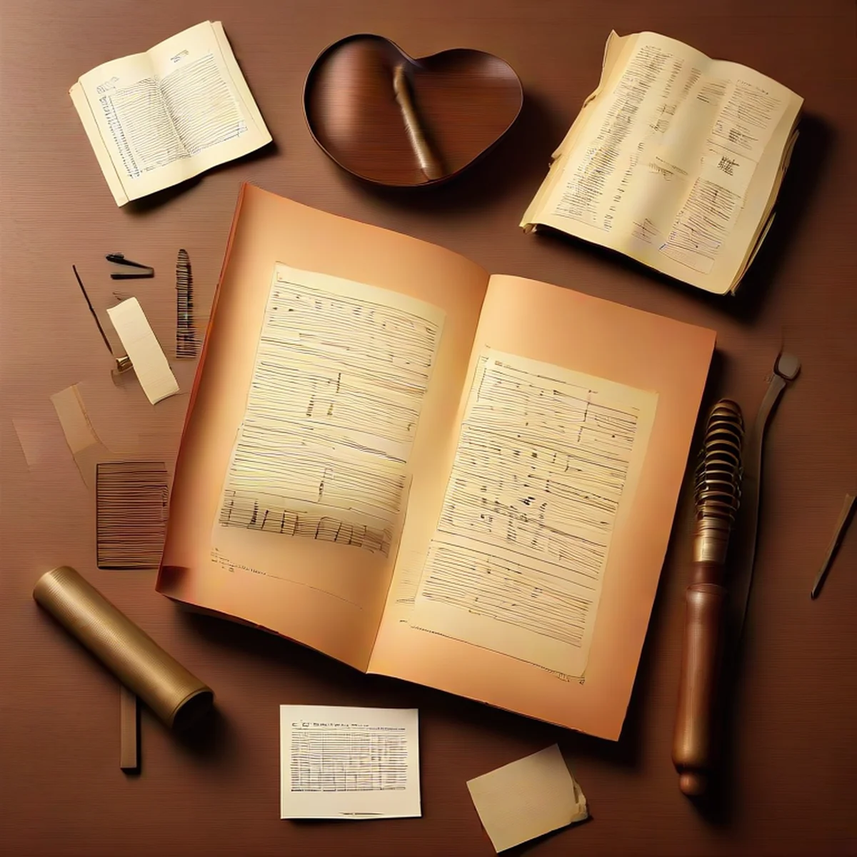 Partituras antiguas y notas musicales sobre una mesa de madera