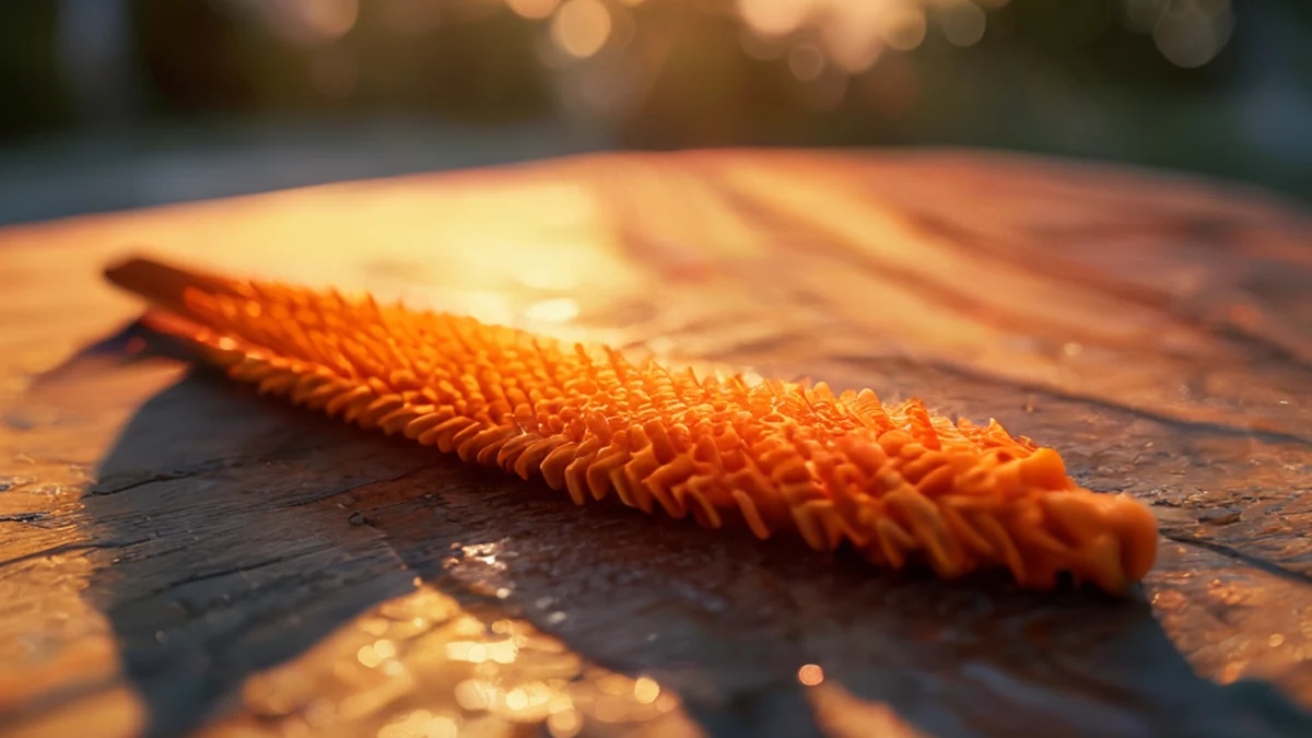 Rake à corail, orange avec une texture rugueuse, posé sur une table en bois sous l'heure dorée, champ de profondeur faible, photoréaliste, focus net, détails élevés