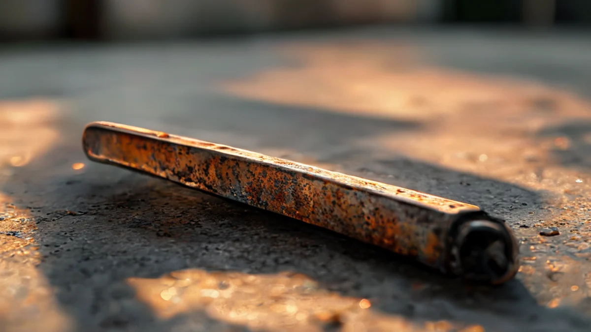 Un morceau de métal courbé avec de la rouille sur une surface de béton, sous une lumière latérale chaude, un plan d'focus peu profond, réalisme photo, focus net, détails élevés
