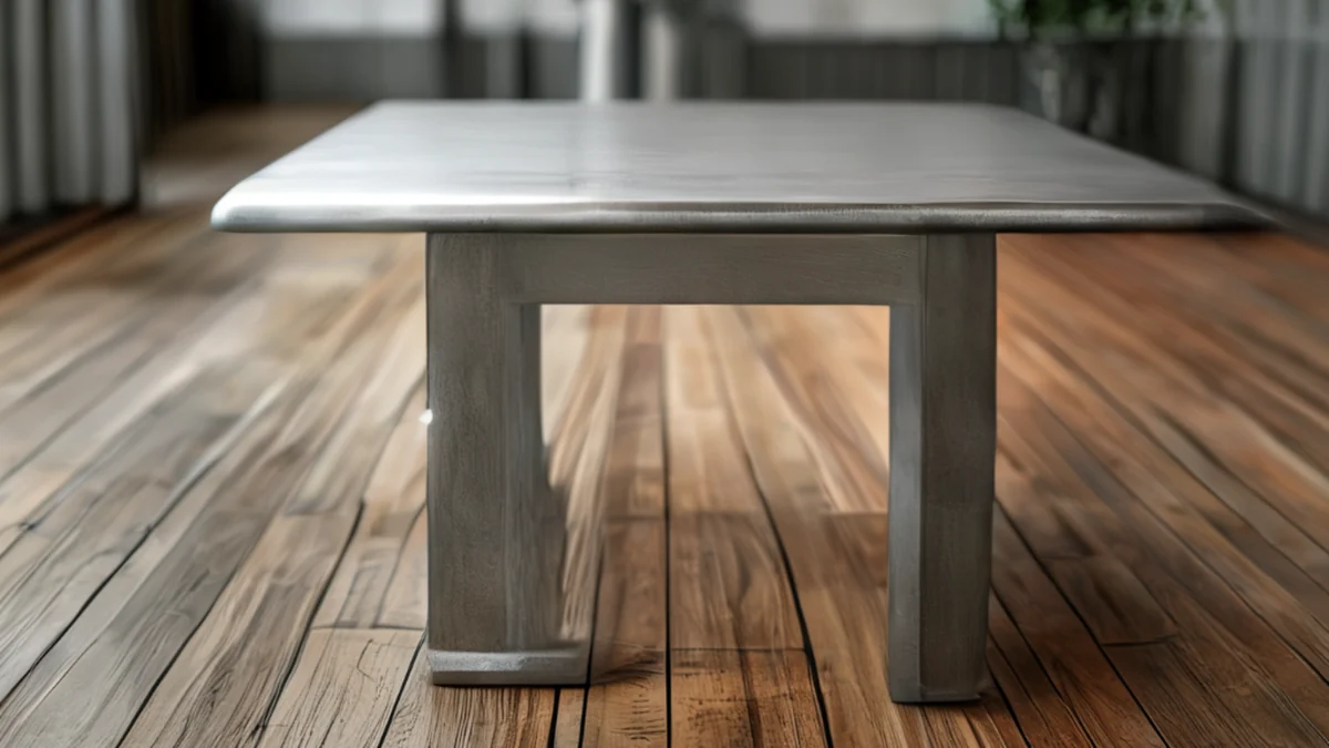 Een grote staalstoel, rechthoekig, zilver, polijst, op een houten tafel, bewolkt daglicht, zacht scherpe focus, foto-realistisch, hoge details