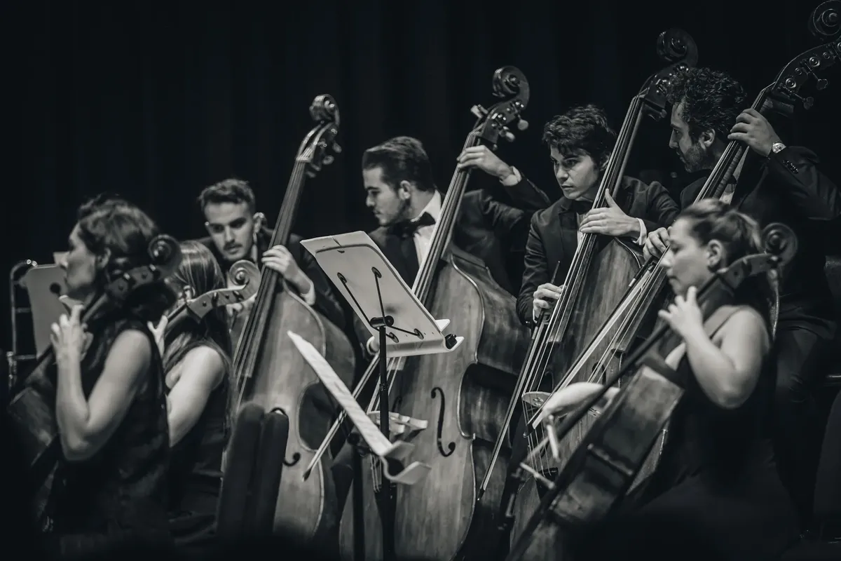 Black and white photo of a classical orchestra performing live, focusing on string musicians.