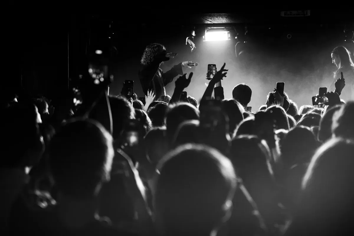 エネルギッシュな黒と白の写真、音楽コンサート、元気な観客、ステージ照明